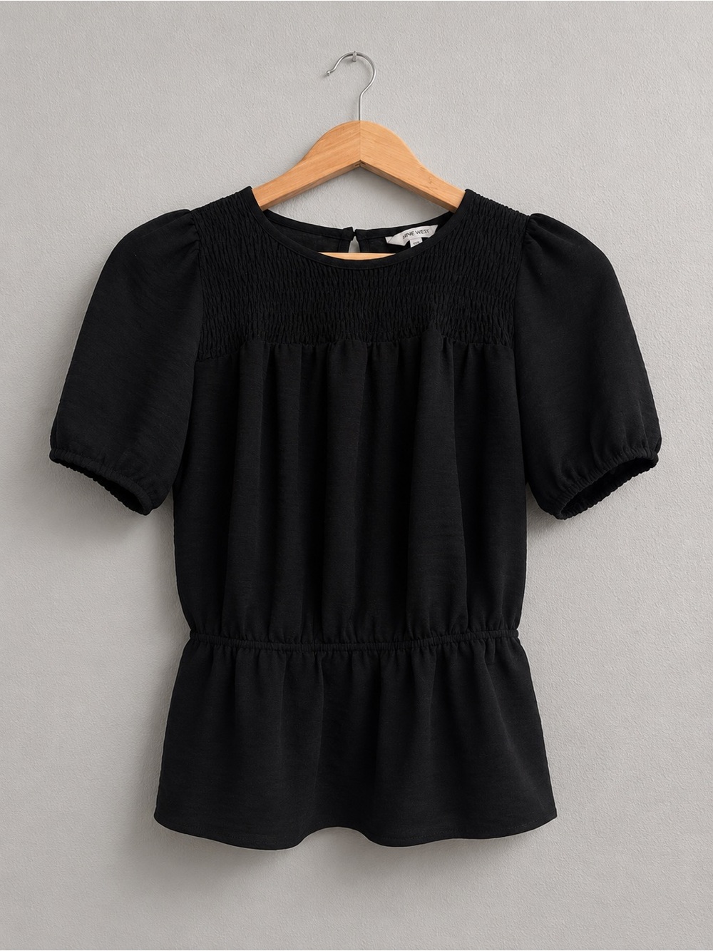 Nine West XS Black Smocked Peplum Blouse Puff Sleeve Lightweight Top